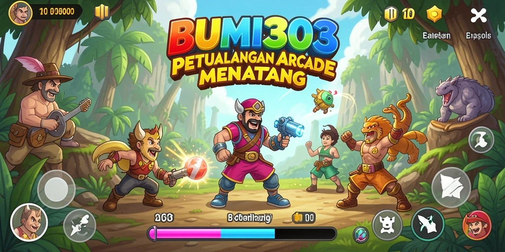 Tangkapan layar utama BUMI303 menampilkan gameplay yang seru dan penuh warna.