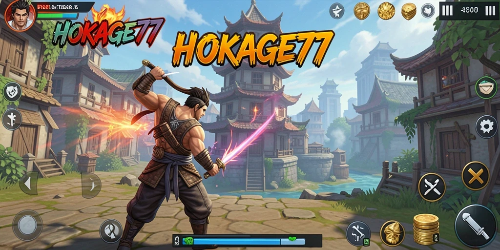 Screenshot utama HOKAGE77 menampilkan aksi pertahanan menara yang intens.