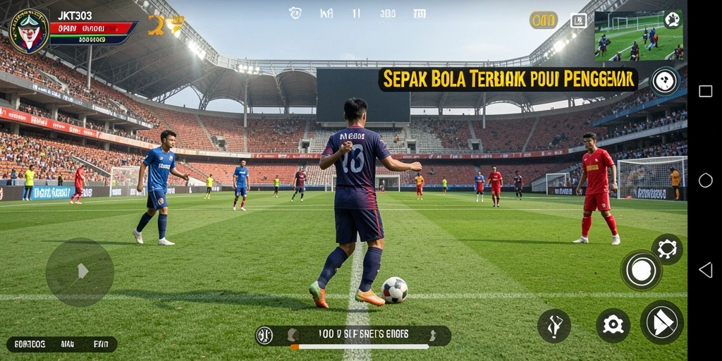 Screenshot menunjukkan aksi seru dalam permainan sepak bola JKT303.