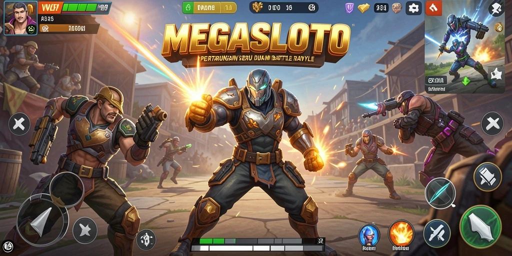 Gameplay seru di arena <strong>MEGASLOTO</strong> dengan aksi Battle Royale yang mendebarkan.